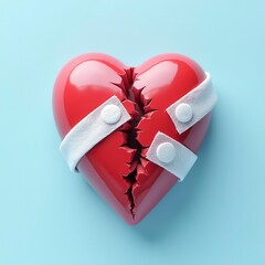 Broken heart and treatment. Applying adhesive plaster to damaged heart.