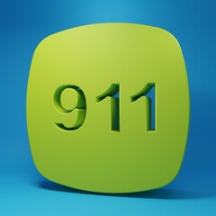 Green Telephone with emergency call 911 icon isolated on blue background. Police, ambulance, fire department, call, phone. Minimalism concept. 3D render illustration
