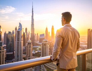 Contemplation in Dubai: Man Enjoying City Panorama from High Above
