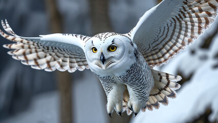 Central Composition of a Flying Owl with Outstretched Wings Above a Wintery Terrain, Captured from a Low Viewpoint in Crisp Natural Light

