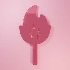 Pink Burning match with fire icon isolated on pink background. Match with fire. Matches sign. Minimalism concept. 3D render illustration