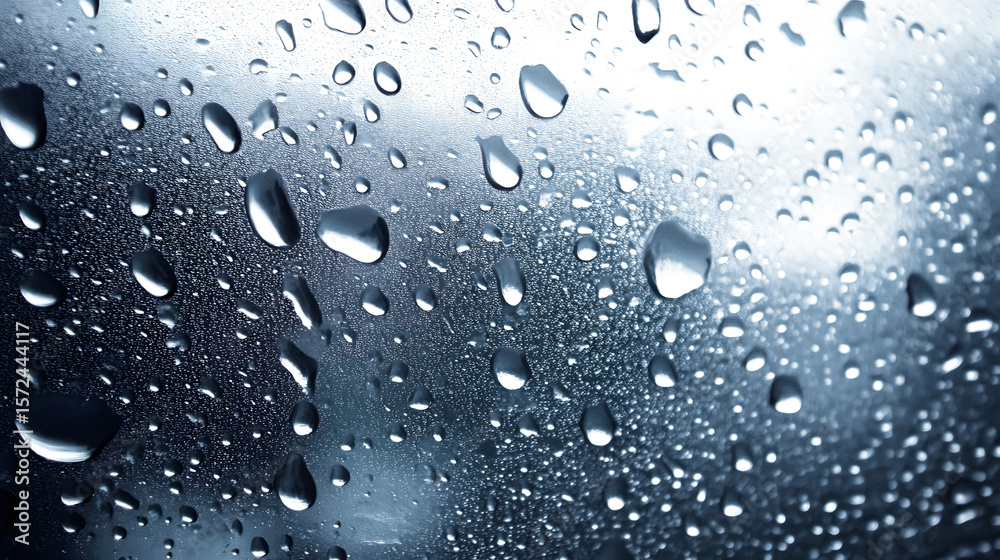 Poster abstract background with condensation water droplets dripping and trickling down a dark moody glass 