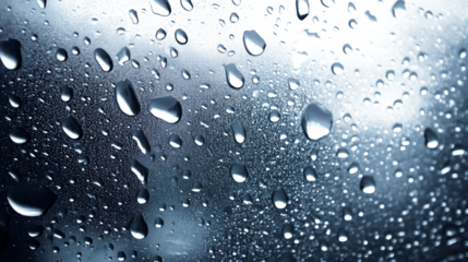 Abstract background with condensation water droplets dripping and trickling down a dark moody glass window during a rainy gloomy atmospheric weather storm