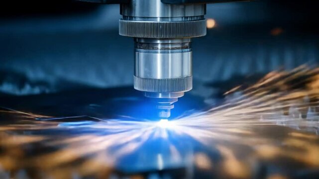 Laser Cutting Precision: An industrial laser cutting machine precisely etches through metal, creating a vibrant display of sparks and intense light, symbolizing technological advancement.
