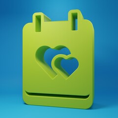 Green Calendar with heart icon isolated on blue background. Valentines day. Love symbol. February 14. Minimalism concept. 3D render illustration