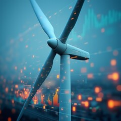 A wind turbine with graphs and charts on the screen behind it, representing green energy market data in an urban setting.
