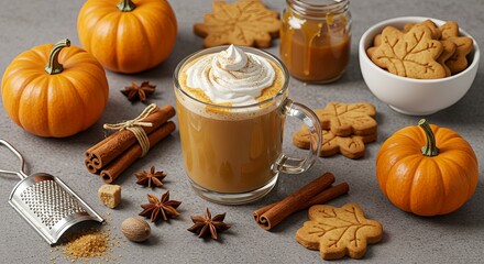 Fototapeta premium A pumpkin spice latte with whipped cream and autumn decorations