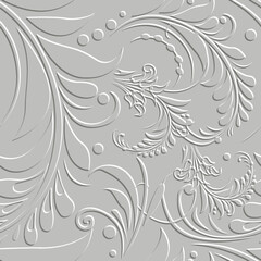3d embossed floral beautiful seamless pattern with textured relief surface flowers, leaves, vintage ornaments. Emboss modern grunge light gray background. Endless vector texture with embossing effect.