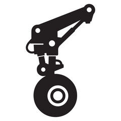 Black silhouette illustration of an airplane landing gear with wheel and mechanical parts