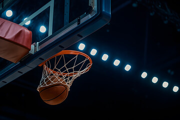 Basketball in the Hoop Under Stadium Lights Capturing Athletic Action and Sports Performance