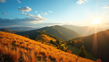 Stunning mountain landscape with golden hills and vibrant sunset, nature's beauty © BagusMuktii