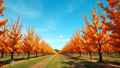 Autumnal Orchard Path: A Scenic Landscape of Golden Trees Under a Blue Sky