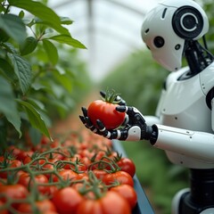 AI robot tending to tomatoes in an organic farm, working alongside human farmers for sustainable agriculture and food production
