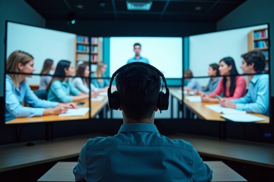 Man Immersed in Virtual Reality, Surrounded by Screens Showing Different Views of Virtual Classroom.