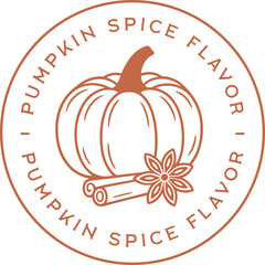 Pumpkin spice flavor logo round circular badge sticker label packaging design fall season aesthetic. Retro vintage illustration for thanksgiving autumn natural flavoring homemade drink food treats.
