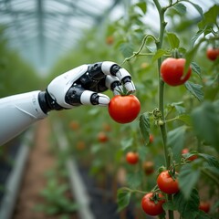 AI robot tending to tomatoes in an organic farm, working alongside human farmers for sustainable agriculture and food production
