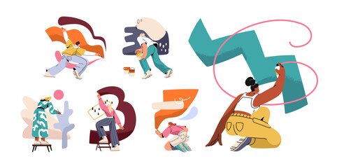 Obraz premium Set of people painting on the wall back view. Talented painters create modern graffiti. Creative artists are drawing pictures of abstract art with paint. Flat isolated vector illustrations on white