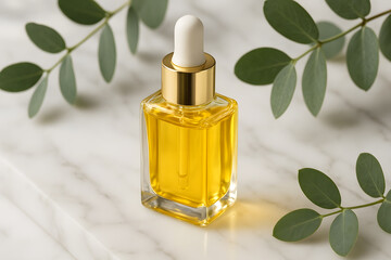 Cosmetic Serum Bottle with Dropper and Green Leaves on Marble Surface for Skincare and Beauty Presentation