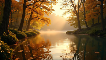 Serene Autumn Landscape: Trees Reflecting in Calm Lake Water at Sunrise