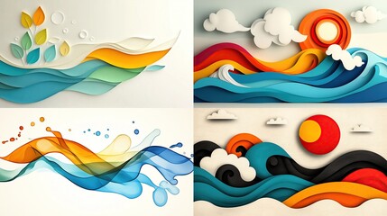 Four paper-cut art panels with waves, suns, and leaves in bright, stylized colors