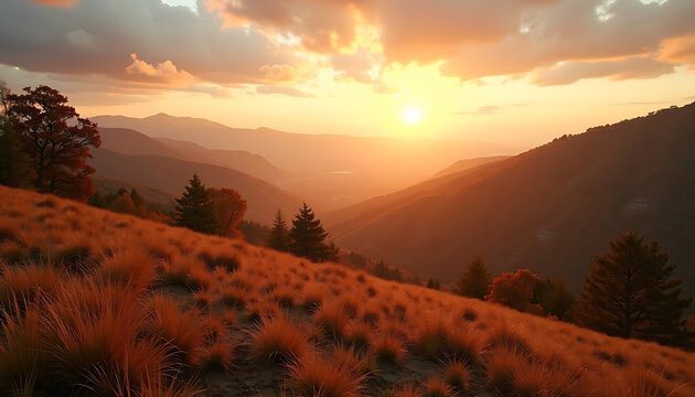 Stunning sunset over mountain range and valley, golden hour landscape photography - Powered by Adobe
