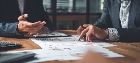 The hands of business professionals collaborating over analysis and strategy documents.