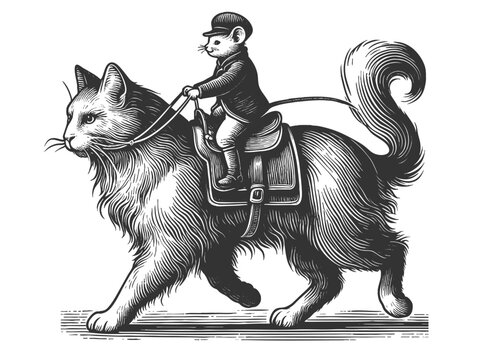 mouse riding a galloping cat like a horse sketch engraving generative ai fictional character vector illustration. Scratch board imitation. Black and white image.