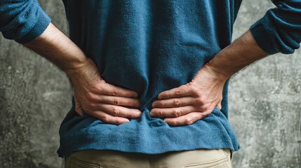 Man pressing his lower back with both hands, suffering from back pain. 