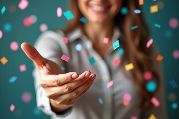 Close-up Image of Hand Reaching for Paycheck Amidst Colorful Confetti Rain.