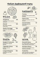 Hand drawn Italian restaurant menu template with pizza, pasta, dessert and wine sections. Vintage sketch style food illustrations, editable vector layout for cafe, restaurant.