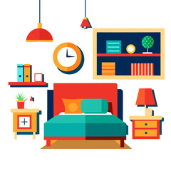 Modern living room and bedroom interior design with furniture vector illustrations and home office icons