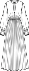 Elegant Long-Sleeve Maxi Dress with Pleated Skirt, Classic Fashion Illustration for Designers