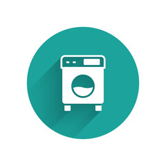 White Washer icon isolated with long shadow. Washing machine icon. Clothes washer - laundry machine. Home appliance symbol. Green circle button. Vector