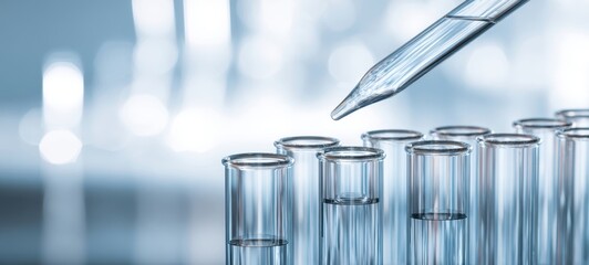 The precision pipetting into glass test tubes in a modern laboratory setting.