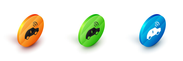 Isometric Smart car system with wireless connection icon isolated on white background. Remote car control. Circle button. Vector
