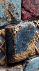 Distressed Blue Gold Ceramic Mosaic Tiles Detail