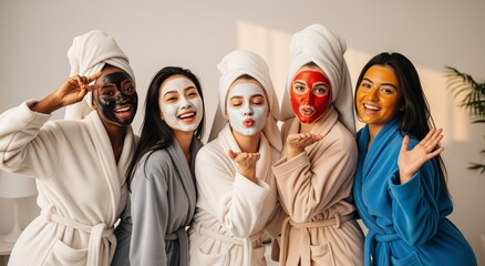 Five women enjoying a spa day with colorful face masks, sharing joyful moments and friendship – perfect for self-care themes.