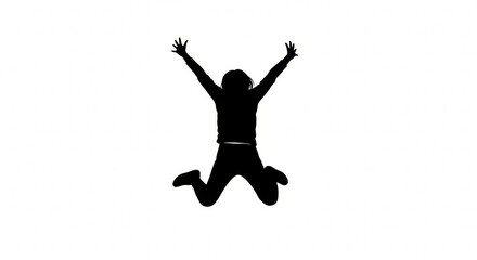 Silhouette of a jubilant woman jumping with arms raised against a white background
