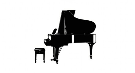 Elegant Black Silhouette of a Grand Piano and Stool on White Background