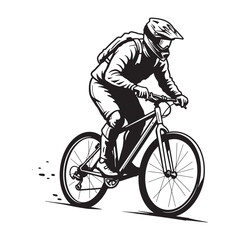 Obraz premium Silhouette of a mountain biker wearing helmet and backpack riding bicycle vector illustration