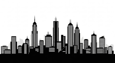 Black and White Cityscape Silhouette Depicting Modern Urban Architecture