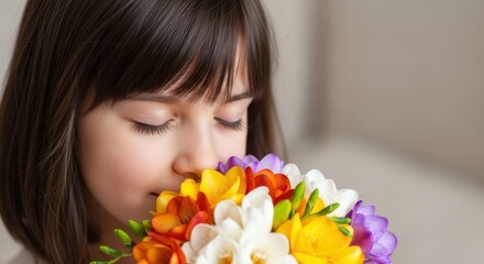 A little girl with dark hair is smelling a colorful bouquet of freesia flowers with her eyes closed, enjoying the pleasant fragrance