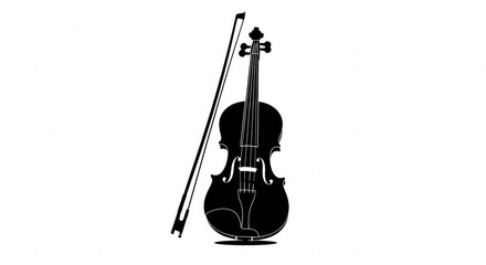 Elegant black violin silhouette with bow, isolated on white background