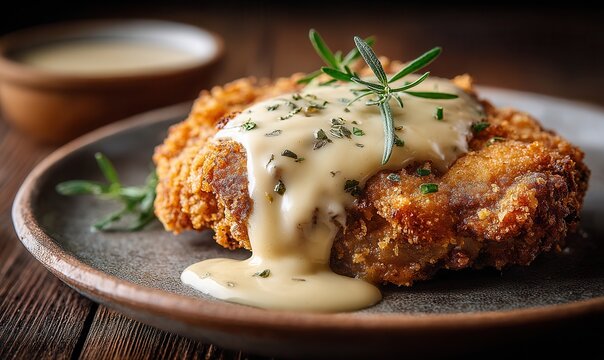 Country fried steak, a culinary masterpiece served with creamy gravy on rustic stoneware