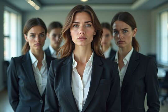 A Businesswoman's Emotions Captured in a Mirror's Reflection, Unseen by Colleagues