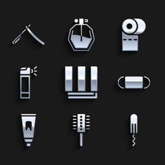 Set Towel stack, Hairbrush, Sanitary tampon, Medical protective mask, Tube of toothpaste, Bottle with nozzle spray, Toilet paper roll and Straight razor icon. Vector