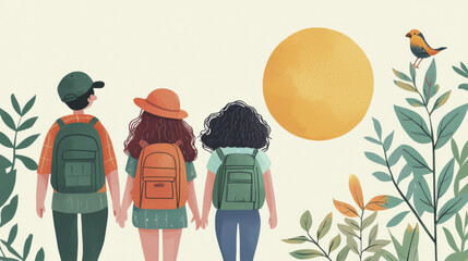 Three children holding hands with backpacks under bright sun and bird on plant