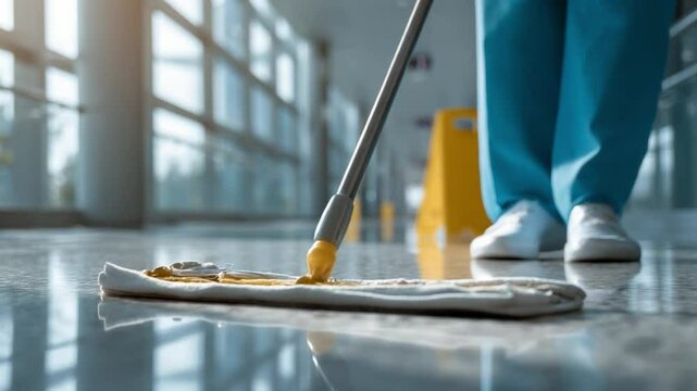 Floor Care in Modern Setting: A diligent worker in action, meticulously cleaning a polished floor in a modern office setting, showcasing professionalism, hygiene, and the importance of cleanliness.