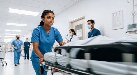 Obraz premium Healthcare professionals work together in a hospital corridor, conveying urgency and teamwork – hospital environment.