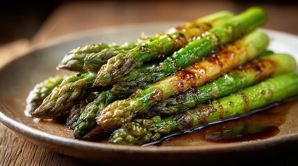 Roasted asparagus with balsamic glaze on a rustic plate, showing caramelized edges in close-up shot